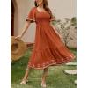 image:imageCHOUYATOU Womens Boho Swiss Dot Smocked Dress Embroidery Ruffle Short Sleeve Flowy Beach Party Midi Long DressesOrange