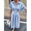 image:imagechouyatou Womens 2026 Summer Casual Striped Maxi Long Shirt Dress Pleated Button Down Short Sleeve Tunic DressBlue