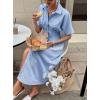 image:imagechouyatou Womens 2026 Summer Casual Striped Maxi Long Shirt Dress Pleated Button Down Short Sleeve Tunic DressBlue