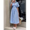 image:imagechouyatou Womens 2026 Summer Casual Striped Maxi Long Shirt Dress Pleated Button Down Short Sleeve Tunic DressBlue