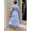 image:imagechouyatou Womens 2026 Summer Casual Striped Maxi Long Shirt Dress Pleated Button Down Short Sleeve Tunic DressBlue