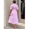 image:imagechouyatou Womens 2026 Summer Casual Striped Maxi Long Shirt Dress Pleated Button Down Short Sleeve Tunic DressPink