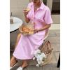 image:imagechouyatou Womens 2026 Summer Casual Striped Maxi Long Shirt Dress Pleated Button Down Short Sleeve Tunic DressPink
