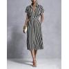image:imagechouyatou Womens Boho Striped Floral Belted Shirt Dress Short Sleeve Casual Loose Button Down Midi Long DressBlack
