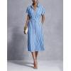 image:imagechouyatou Womens Boho Striped Floral Belted Shirt Dress Short Sleeve Casual Loose Button Down Midi Long DressBlue