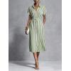 image:imagechouyatou Womens Boho Striped Floral Belted Shirt Dress Short Sleeve Casual Loose Button Down Midi Long DressGreen