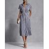 image:imagechouyatou Womens Boho Striped Floral Belted Shirt Dress Short Sleeve Casual Loose Button Down Midi Long DressNavy