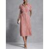 image:imagechouyatou Womens Boho Striped Floral Belted Shirt Dress Short Sleeve Casual Loose Button Down Midi Long DressRed