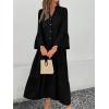 image:imagechouyatou Womens Cotton Linen Button Up Dress 34 Sleeve Flowy Ruffle Tiered Midi Long DressBlack