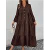 image:imagechouyatou Womens Cotton Linen Button Up Dress 34 Sleeve Flowy Ruffle Tiered Midi Long DressCoffee