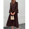 image:imagechouyatou Womens Cotton Linen Button Up Dress 34 Sleeve Flowy Ruffle Tiered Midi Long DressCoffee