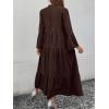 image:imagechouyatou Womens Cotton Linen Button Up Dress 34 Sleeve Flowy Ruffle Tiered Midi Long DressCoffee