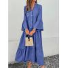image:imagechouyatou Womens Cotton Linen Button Up Dress 34 Sleeve Flowy Ruffle Tiered Midi Long DressDark Blue