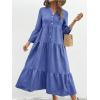 image:imagechouyatou Womens Cotton Linen Button Up Dress 34 Sleeve Flowy Ruffle Tiered Midi Long DressDark Blue