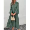 image:imagechouyatou Womens Cotton Linen Button Up Dress 34 Sleeve Flowy Ruffle Tiered Midi Long DressDark Green