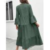 image:imagechouyatou Womens Cotton Linen Button Up Dress 34 Sleeve Flowy Ruffle Tiered Midi Long DressDark Green