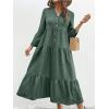 image:imagechouyatou Womens Cotton Linen Button Up Dress 34 Sleeve Flowy Ruffle Tiered Midi Long DressDark Green