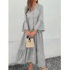 image:imagechouyatou Womens Cotton Linen Button Up Dress 34 Sleeve Flowy Ruffle Tiered Midi Long DressGrey