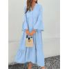 image:imagechouyatou Womens Cotton Linen Button Up Dress 34 Sleeve Flowy Ruffle Tiered Midi Long DressLight Blue