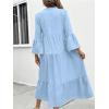 image:imagechouyatou Womens Cotton Linen Button Up Dress 34 Sleeve Flowy Ruffle Tiered Midi Long DressLight Blue
