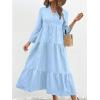 image:imagechouyatou Womens Cotton Linen Button Up Dress 34 Sleeve Flowy Ruffle Tiered Midi Long DressLight Blue