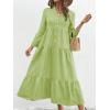 image:imagechouyatou Womens Cotton Linen Button Up Dress 34 Sleeve Flowy Ruffle Tiered Midi Long DressLight Green