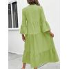 image:imagechouyatou Womens Cotton Linen Button Up Dress 34 Sleeve Flowy Ruffle Tiered Midi Long DressLight Green