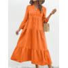 image:imagechouyatou Womens Cotton Linen Button Up Dress 34 Sleeve Flowy Ruffle Tiered Midi Long DressOrange