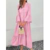 image:imagechouyatou Womens Cotton Linen Button Up Dress 34 Sleeve Flowy Ruffle Tiered Midi Long DressPink