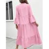 image:imagechouyatou Womens Cotton Linen Button Up Dress 34 Sleeve Flowy Ruffle Tiered Midi Long DressPink