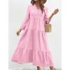 image:imagechouyatou Womens Cotton Linen Button Up Dress 34 Sleeve Flowy Ruffle Tiered Midi Long DressPink