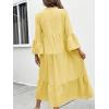 image:imagechouyatou Womens Cotton Linen Button Up Dress 34 Sleeve Flowy Ruffle Tiered Midi Long DressYellow