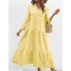 image:imagechouyatou Womens Cotton Linen Button Up Dress 34 Sleeve Flowy Ruffle Tiered Midi Long DressYellow