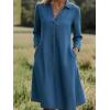 image:imagechouyatou Womens Distressed Denim Polo Shirt Dress Casual Loose 34 Sleeve A Line Pleated Midi Long Jean DressBlue