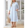 image:imagechouyatou Womens Elegant 34 Sleeve Striped Shirt Dress VNeck Collared Midi Long Beach Dress with PocketsBlue