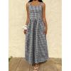 image:imagechouyatou Womens Retro Plaid Smocked Long Dress Boho Gingham Beach Dresses Sexy Spaghetti Strap Swing Pleated DressBlack