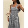 image:imagechouyatou Womens Retro Plaid Smocked Long Dress Boho Gingham Beach Dresses Sexy Spaghetti Strap Swing Pleated DressBlack