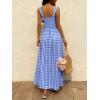 image:imagechouyatou Womens Retro Plaid Smocked Long Dress Boho Gingham Beach Dresses Sexy Spaghetti Strap Swing Pleated DressBlue