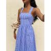 image:imagechouyatou Womens Retro Plaid Smocked Long Dress Boho Gingham Beach Dresses Sexy Spaghetti Strap Swing Pleated DressBlue