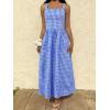 image:imagechouyatou Womens Retro Plaid Smocked Long Dress Boho Gingham Beach Dresses Sexy Spaghetti Strap Swing Pleated DressBlue