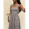 image:imagechouyatou Womens Retro Plaid Smocked Long Dress Boho Gingham Beach Dresses Sexy Spaghetti Strap Swing Pleated DressCoffee