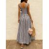 image:imagechouyatou Womens Retro Plaid Smocked Long Dress Boho Gingham Beach Dresses Sexy Spaghetti Strap Swing Pleated DressCoffee