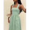 image:imagechouyatou Womens Retro Plaid Smocked Long Dress Boho Gingham Beach Dresses Sexy Spaghetti Strap Swing Pleated DressGreen