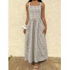 image:imagechouyatou Womens Retro Plaid Smocked Long Dress Boho Gingham Beach Dresses Sexy Spaghetti Strap Swing Pleated DressKhaki