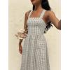 image:imagechouyatou Womens Retro Plaid Smocked Long Dress Boho Gingham Beach Dresses Sexy Spaghetti Strap Swing Pleated DressKhaki