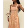 image:imagechouyatou Womens Retro Plaid Smocked Long Dress Boho Gingham Beach Dresses Sexy Spaghetti Strap Swing Pleated DressOrange