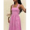 image:imagechouyatou Womens Retro Plaid Smocked Long Dress Boho Gingham Beach Dresses Sexy Spaghetti Strap Swing Pleated DressPink