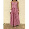 image:imagechouyatou Womens Retro Plaid Smocked Long Dress Boho Gingham Beach Dresses Sexy Spaghetti Strap Swing Pleated DressRed