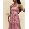 image:imagechouyatou Womens Retro Plaid Smocked Long Dress Boho Gingham Beach Dresses Sexy Spaghetti Strap Swing Pleated DressRed