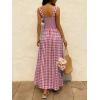 image:imagechouyatou Womens Retro Plaid Smocked Long Dress Boho Gingham Beach Dresses Sexy Spaghetti Strap Swing Pleated DressRed